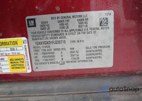 2015 Chevrolet Traverse 1Lt from USA, damaged, VIN 1GNKVGKD1FJ226710